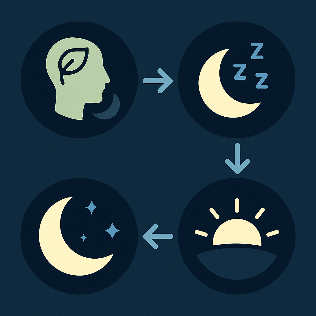 Flowchart: Calm → Sleep Onset → Deep Sleep → Next-Day Balance