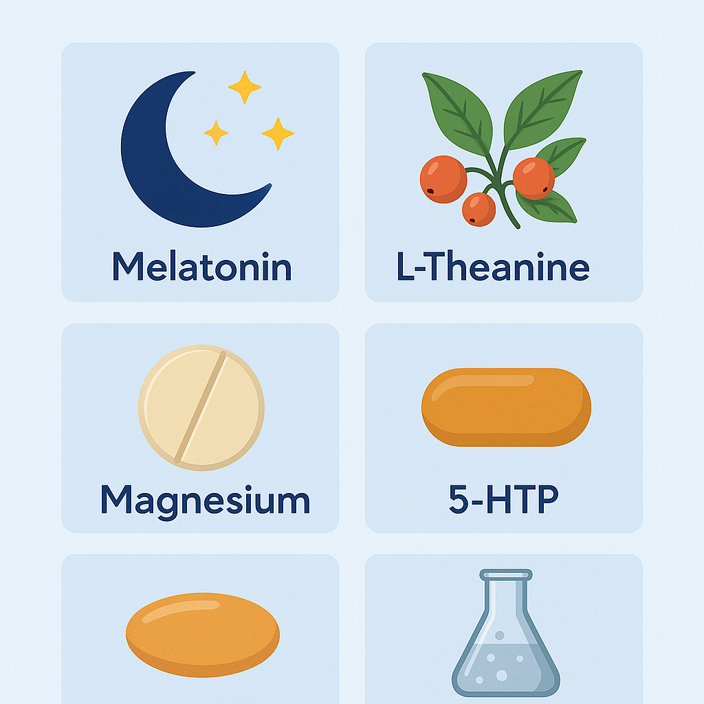 Illustrations of Melatonin, L-Theanine, Ashwagandha, Magnesium, 5-HTP and Glycine